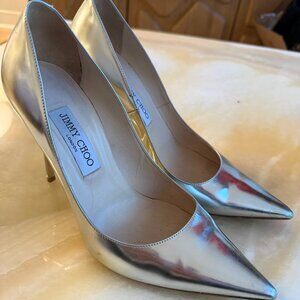 Jimmy Choo Silver Metallic Leather Pointed Toe Pumps Heels